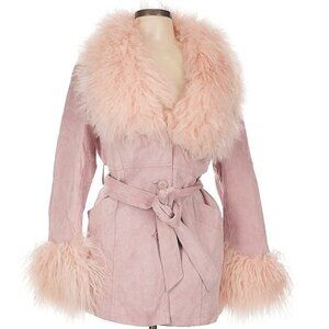 🦢 Kimchi Blue Blush Pink Suede Shearling Jacket Fluffy Collar Mobwife Fairycore